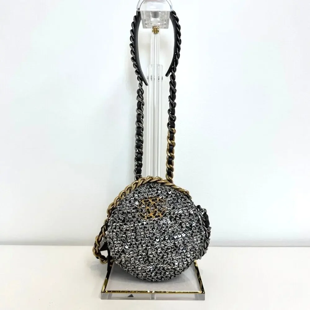 CHANEL 19 Round Gold Chain Sequin Silver Crossbody Mini CC Clutch Shoulder Bag